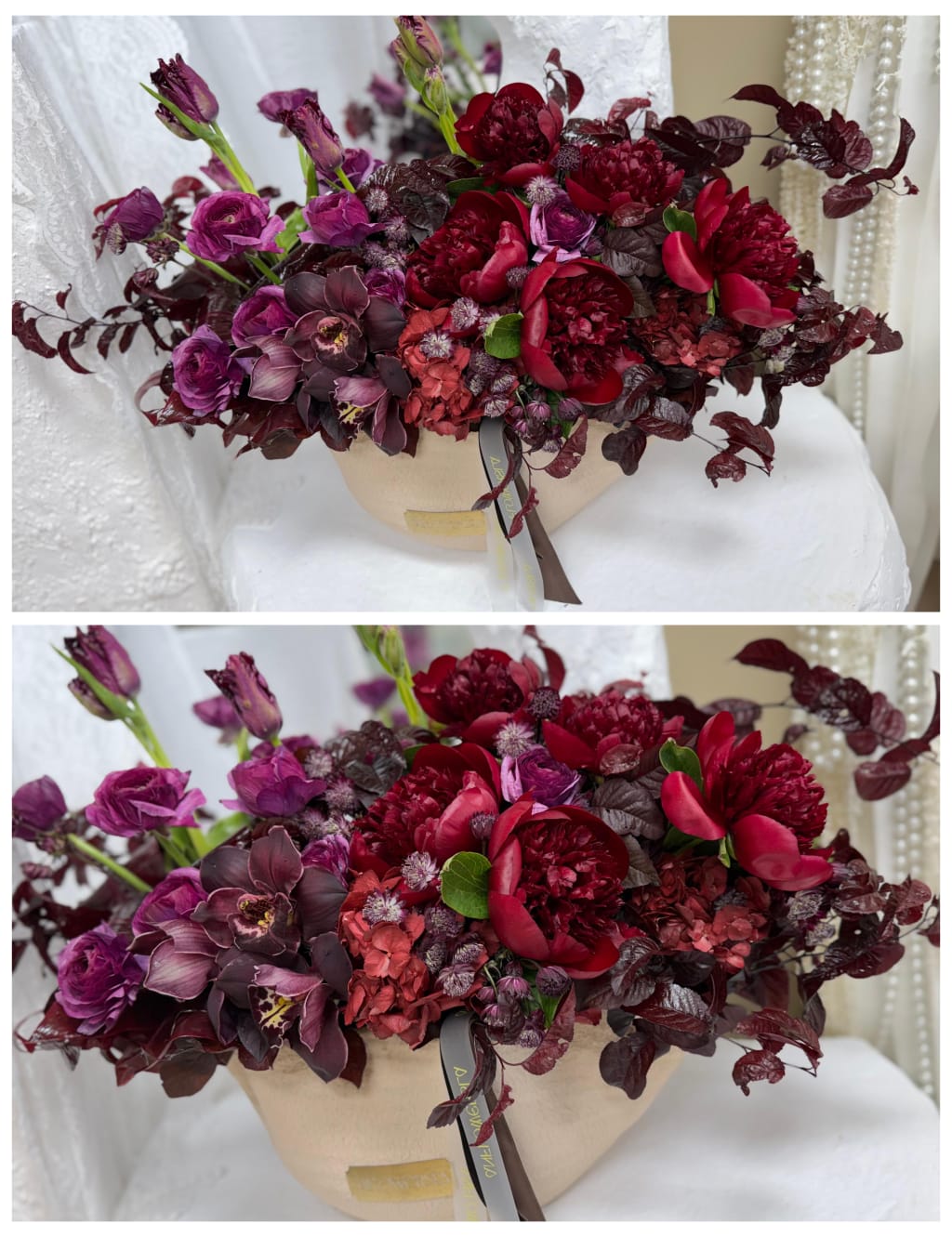 Burgundy Cymbidium Orchids with Purple Ranunculus, Deep Red Peonies and Red Anthuriums - Arrangements - A&N Flowers LA