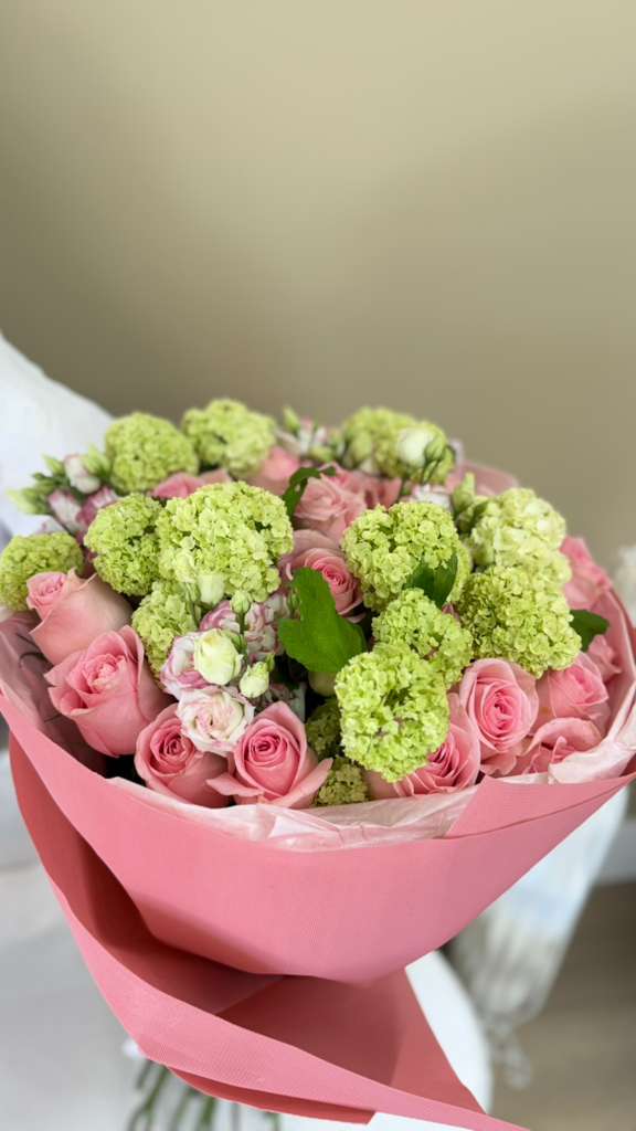 Pink and Spray Roses with Green Viburnum - Bouquet - A&N Flowers LA