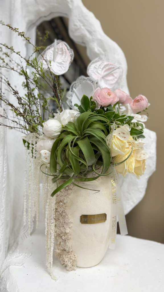 Tillandsia with Ranunculus and Roses - Arrangements - A&N Flowers LA