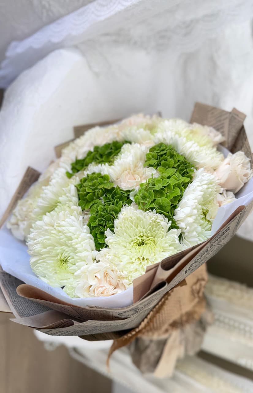White Chrysanthemums with Green Hydrangea - Bouquet - A&N Flowers LA