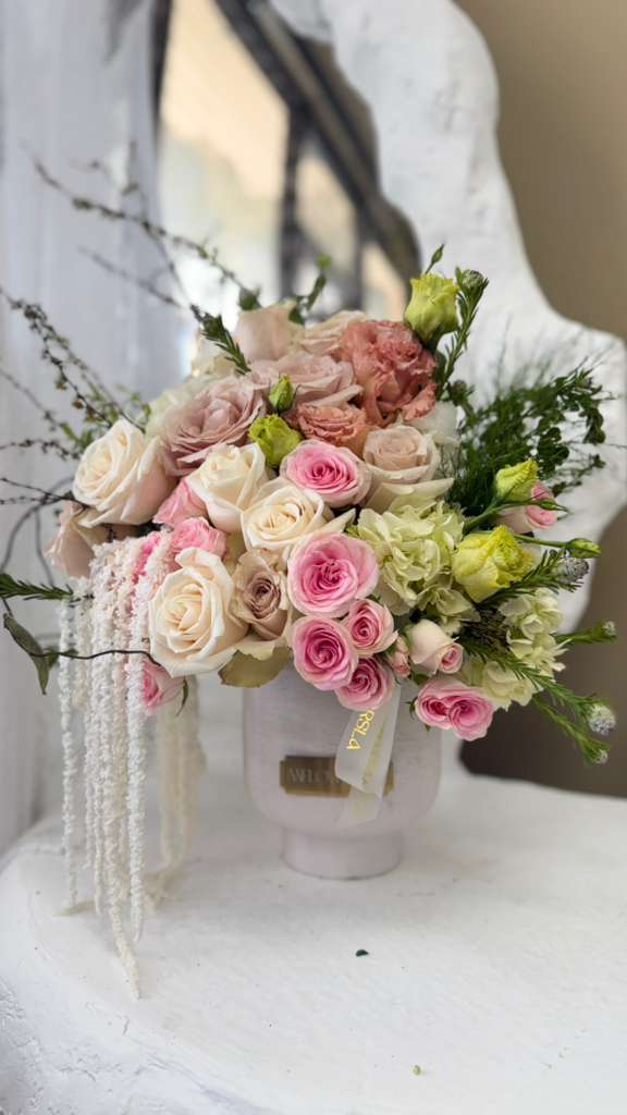 White, nude and spray roses with Lisianthus - Arrangements - A&N Flowers LA
