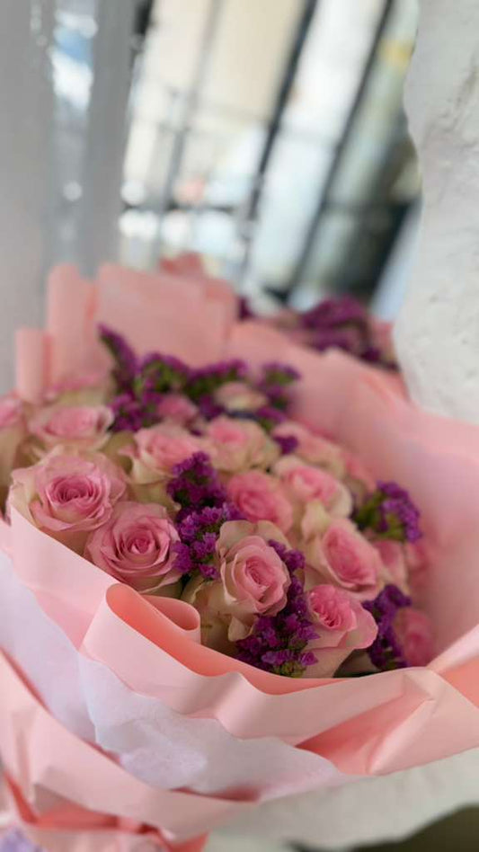 Pink Roses with Purple Statice
